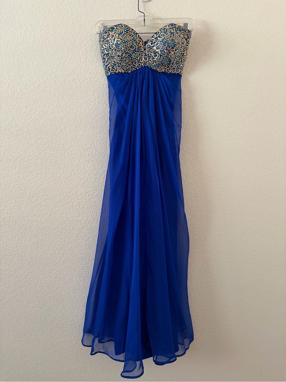 Unique Strapless Beaded Bodice Royal Blue Evening Dress by Prevue Size Xs